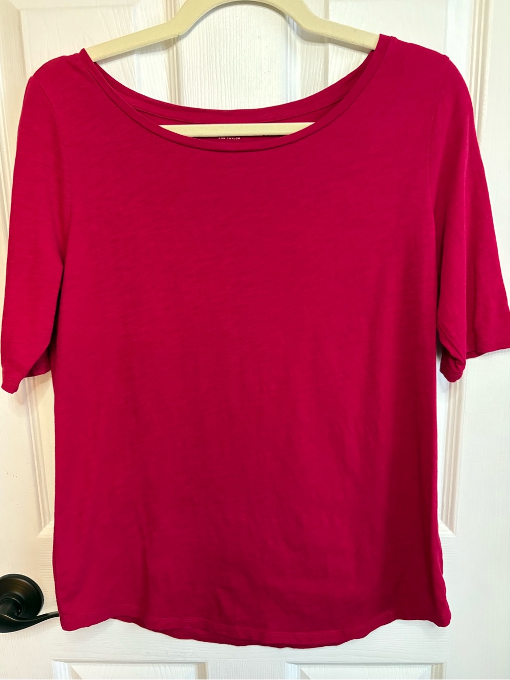 LOFT Fucsia “Vintage Soft” Wide-Neck Elbow-Sleeved T-Shirt, Size Medium